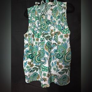 Ann Taylor LOFT Green Ruffled Sleeveless Blouse